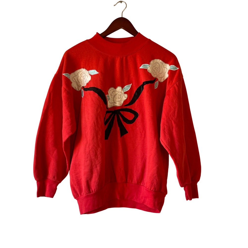 Vintage rose bow‎ sweatshirt red mock neck pullover women's Size